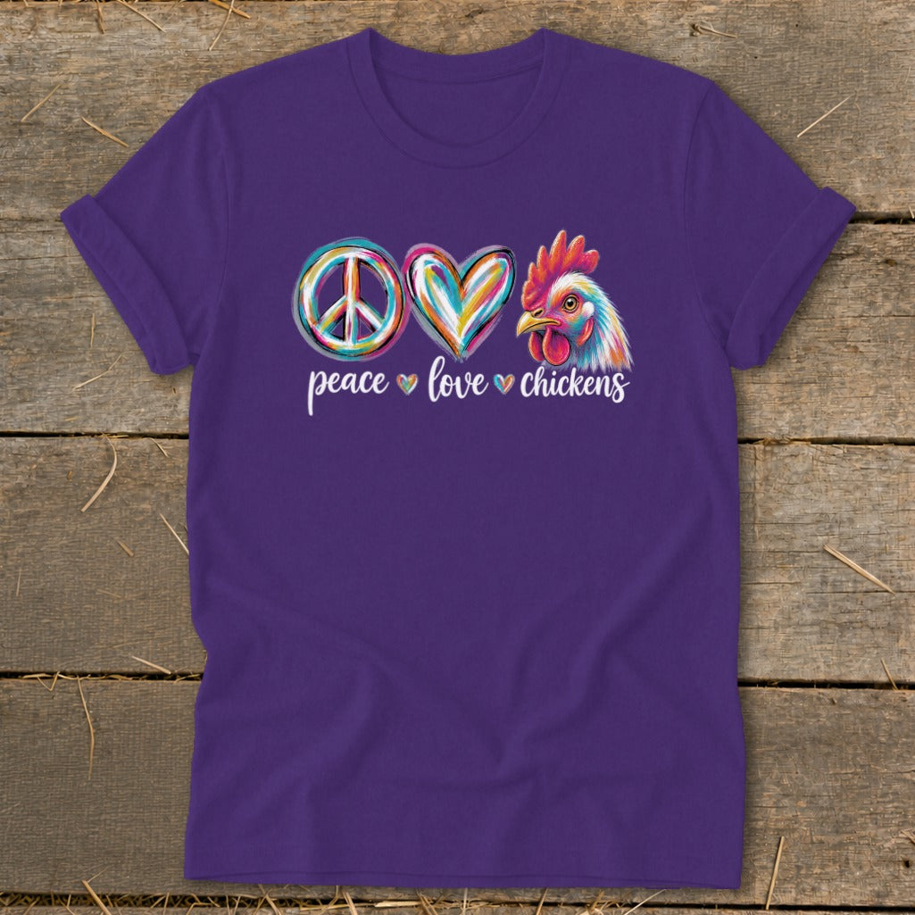 Purple t-shirt with peace, love, and chicken graphic and text.