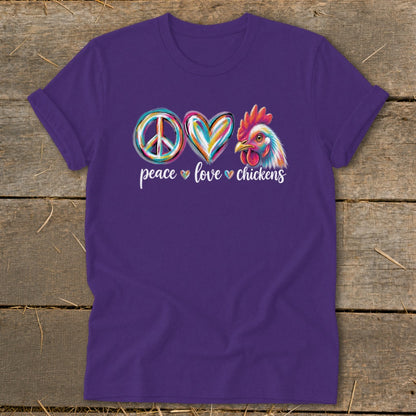 Purple t-shirt with peace, love, and chicken graphic and text.
