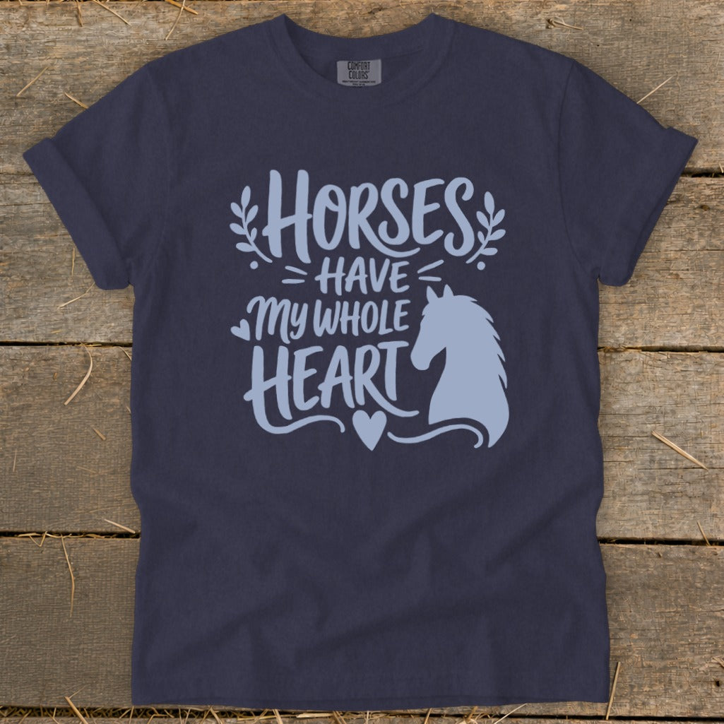 Navy t-shirt with "Horses Have My Whole Heart" text and horse silhouette.