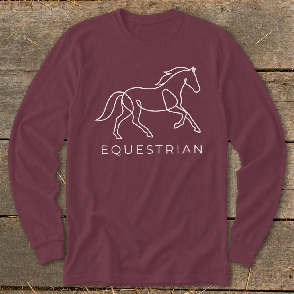 Maroon long-sleeved shirt with white line art of a horse and the word EQUESTRIAN.