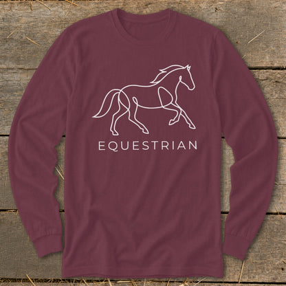 Maroon long-sleeved shirt with white line art of a horse and the word EQUESTRIAN.