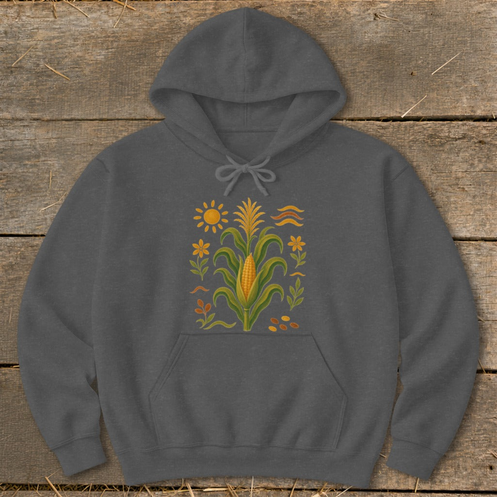 Dark gray hoodie with a corn stalk, sun, and floral design.