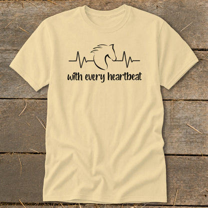 Light yellow t-shirt with a horse head and heartbeat graphic and text.