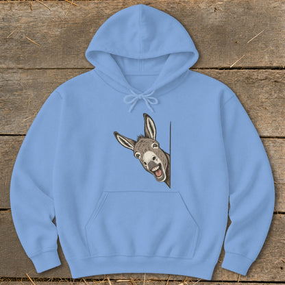 Light blue hoodie with a cartoon donkey peeking from the side.