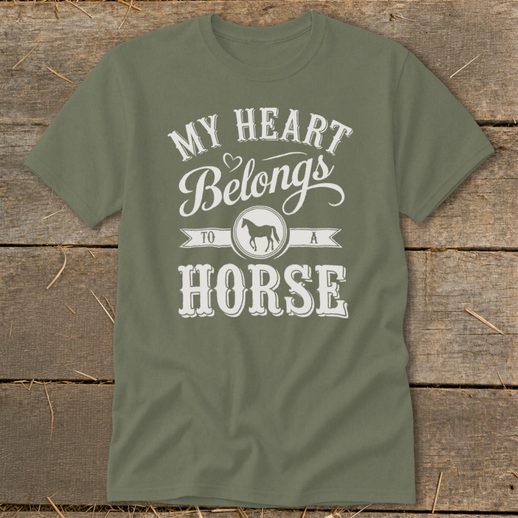 Green t-shirt with "My Heart Belongs To A Horse" text and horse silhouette.