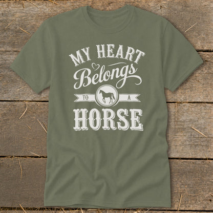 Green t-shirt with "My Heart Belongs To A Horse" text and horse silhouette.