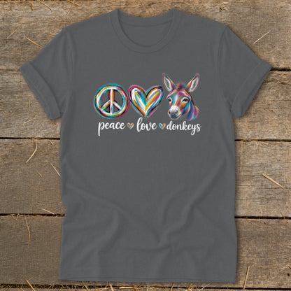 Gray t-shirt with peace sign, colorful heart, and donkey graphic with text.