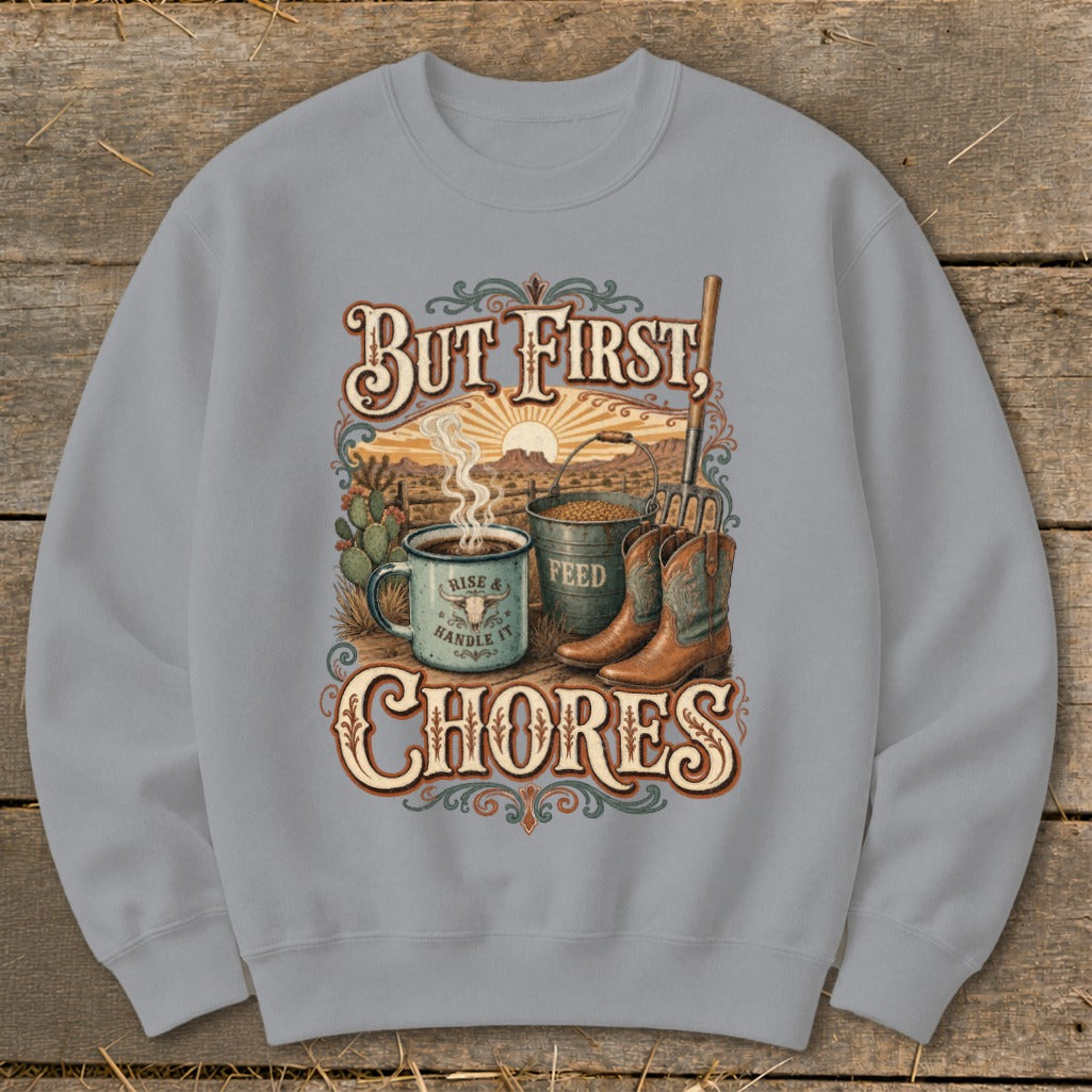 Cowboy boots, coffee cup, and feed bucket with "But First, Chores" text.