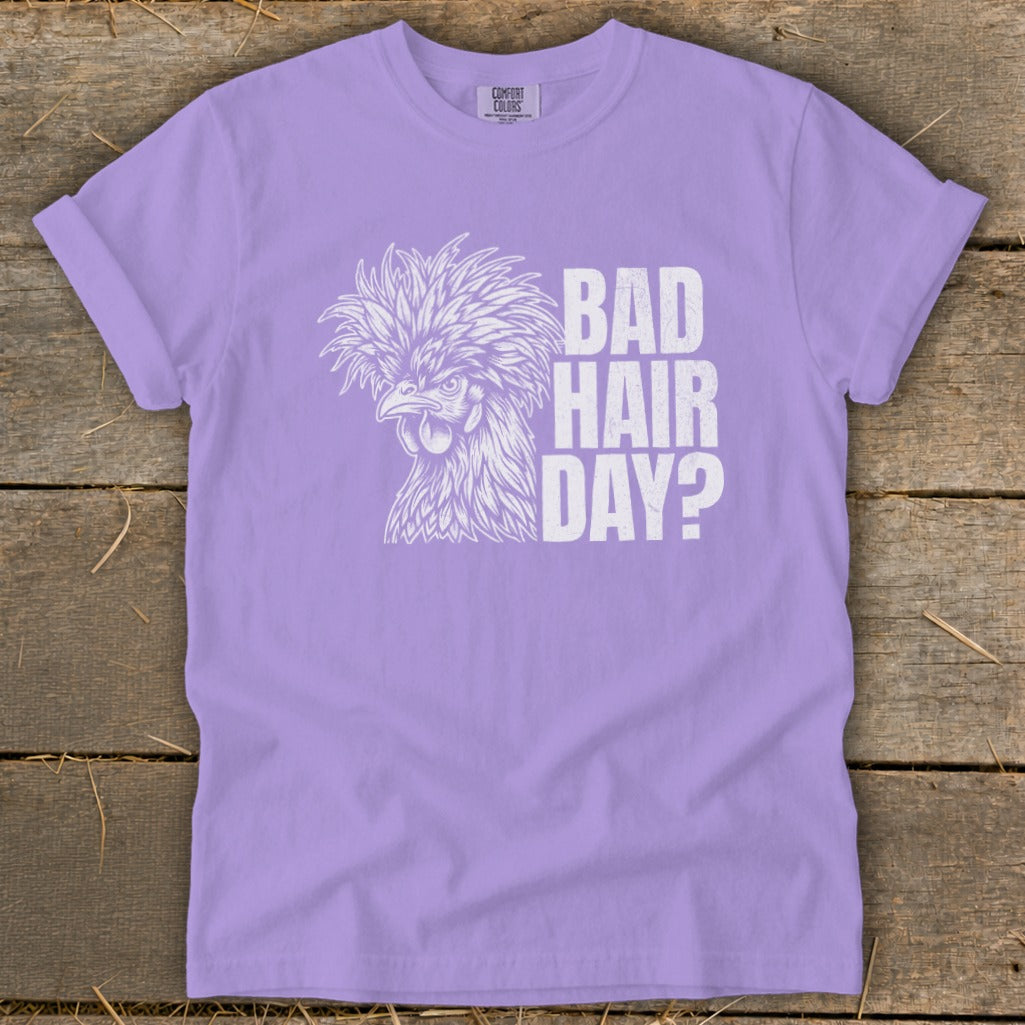 Purple t-shirt with a white outline of a chicken and text "BAD HAIR DAY?".