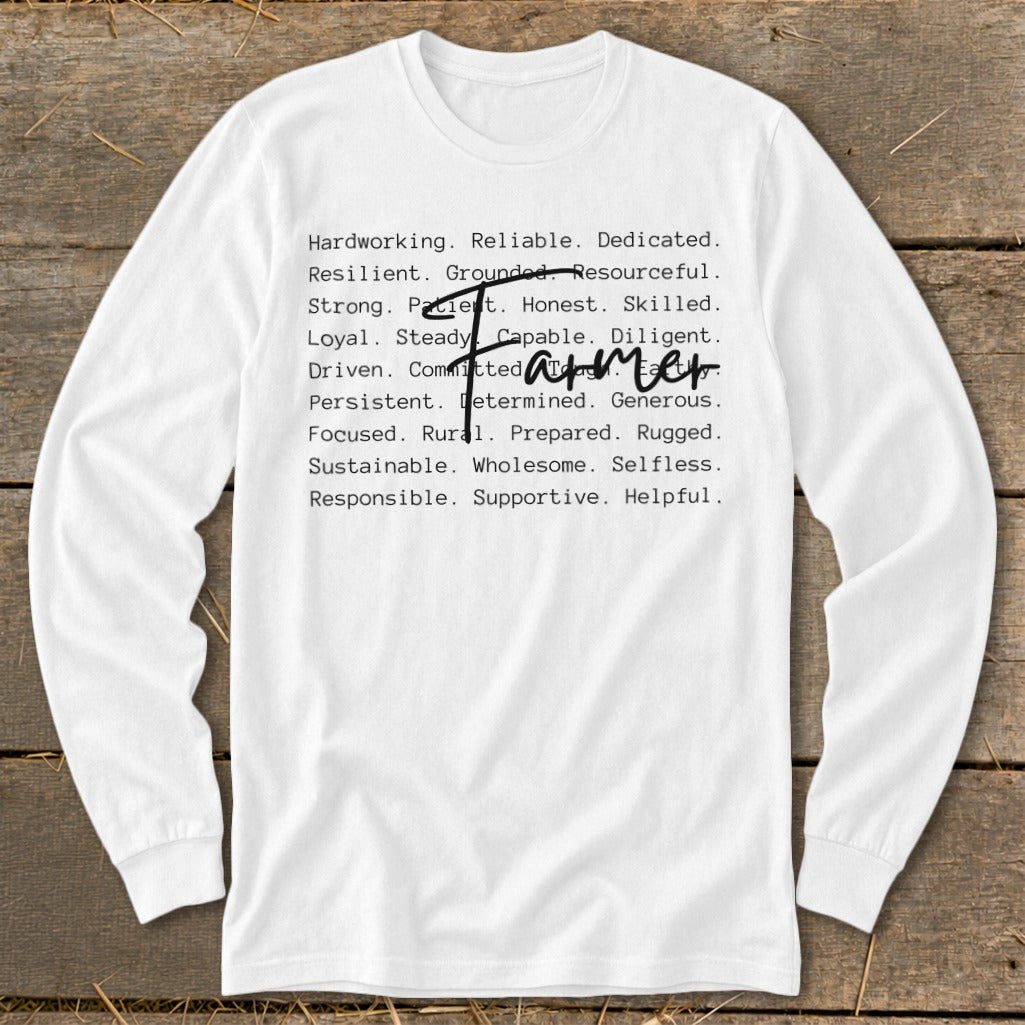 White long sleeve shirt with a list of words and "Farmer" handwritten over them.