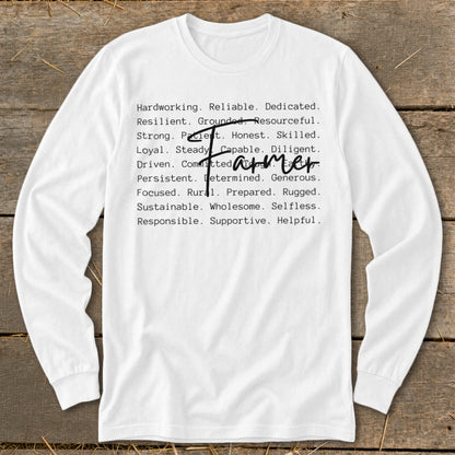 White long sleeve shirt with a list of words and "Farmer" handwritten over them.