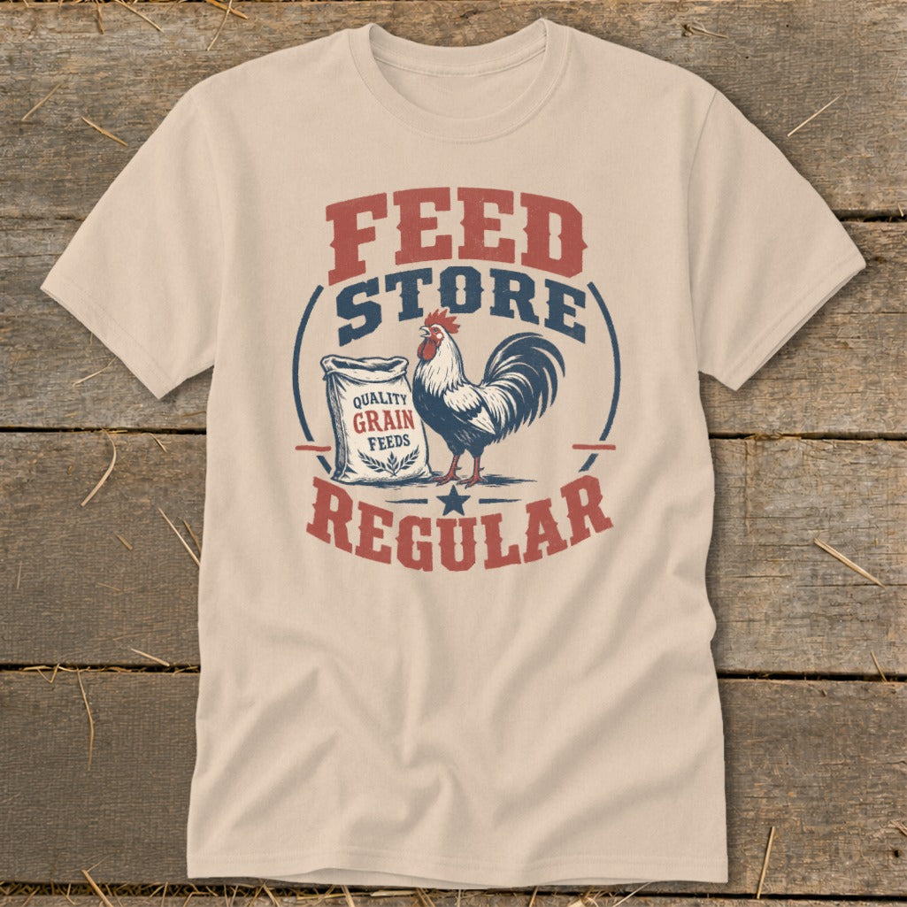 T-shirt with "FEED STORE" and "REGULAR" text, featuring a rooster by a bag of grain.