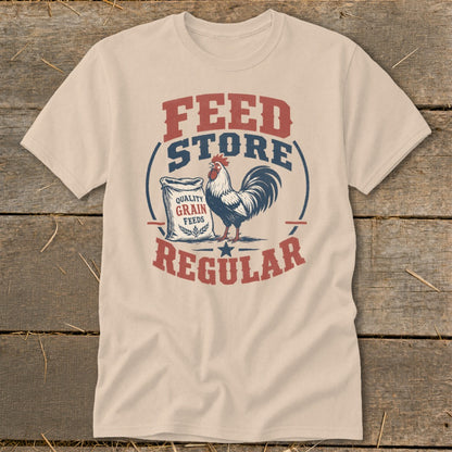 T-shirt with "FEED STORE" and "REGULAR" text, featuring a rooster by a bag of grain.