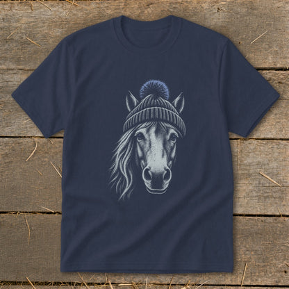 Navy t-shirt with a sketch of a horse wearing a knitted hat.