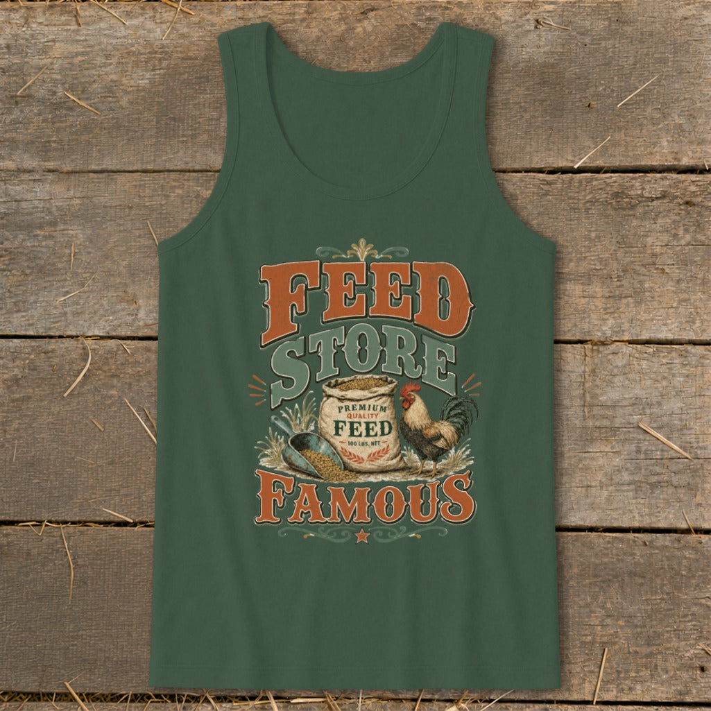 Green tank top with "Feed Store Famous" graphic featuring a rooster and bag of feed.