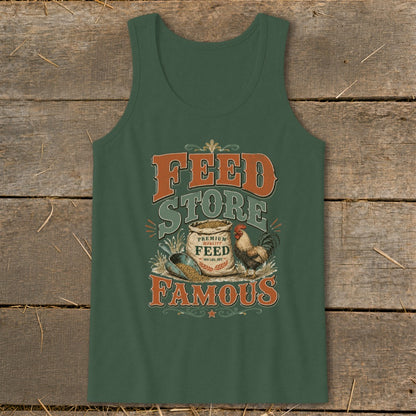 Green tank top with "Feed Store Famous" graphic featuring a rooster and bag of feed.