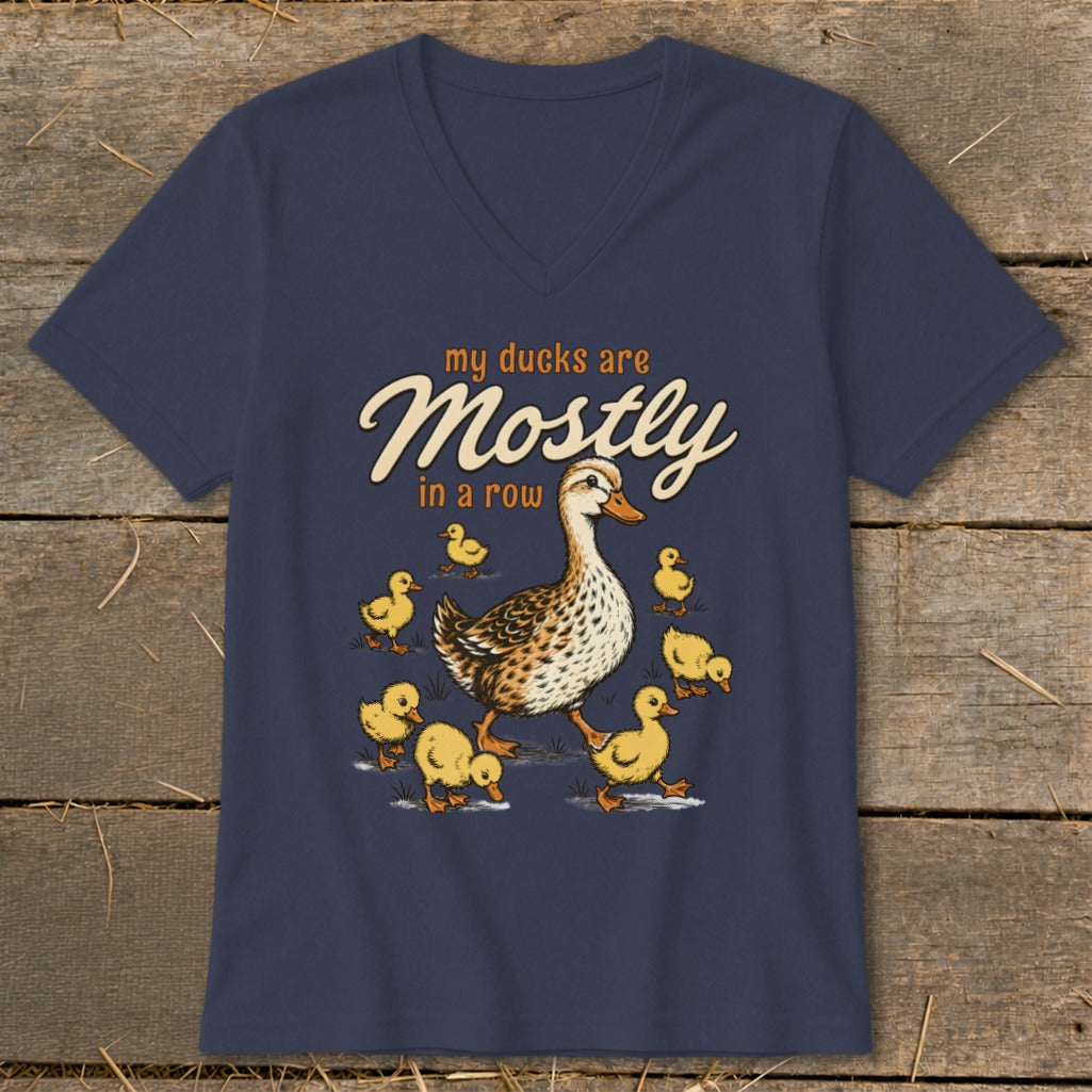 Navy t-shirt with a mother duck and ducklings illustration and text.