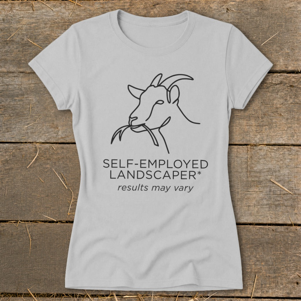 Grey t-shirt with a line drawing of a goat eating leaves and text.