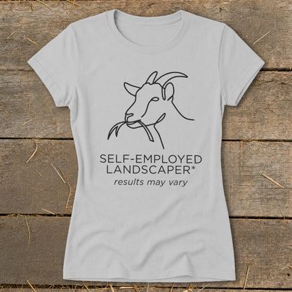 Grey t-shirt with a line drawing of a goat eating leaves and text.