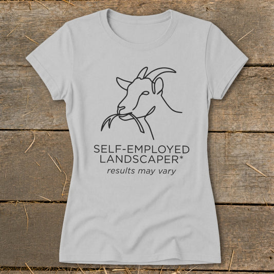 Grey t-shirt with a line drawing of a goat eating leaves and text.