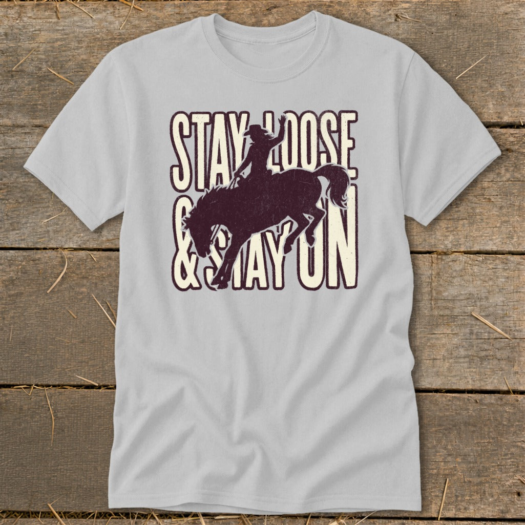Light gray t-shirt with distressed text and a bucking bronco graphic.