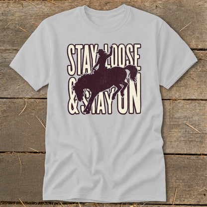 Light gray t-shirt with distressed text and a bucking bronco graphic.