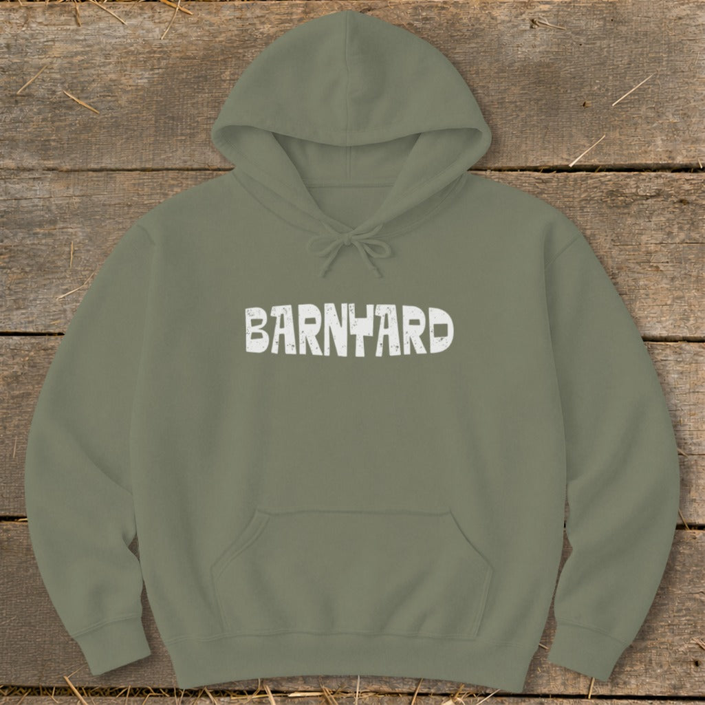 Olive green hooded sweatshirt featuring the word BARNYARD in distressed white block letters across the chest.