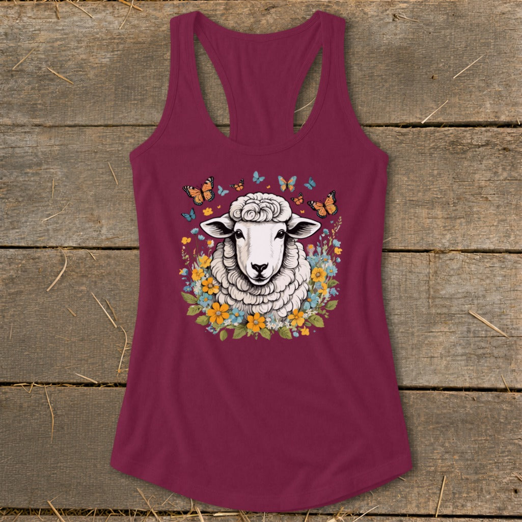 Maroon tank top with a sheep surrounded by flowers and butterflies design.