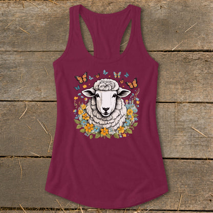 Maroon tank top with a sheep surrounded by flowers and butterflies design.