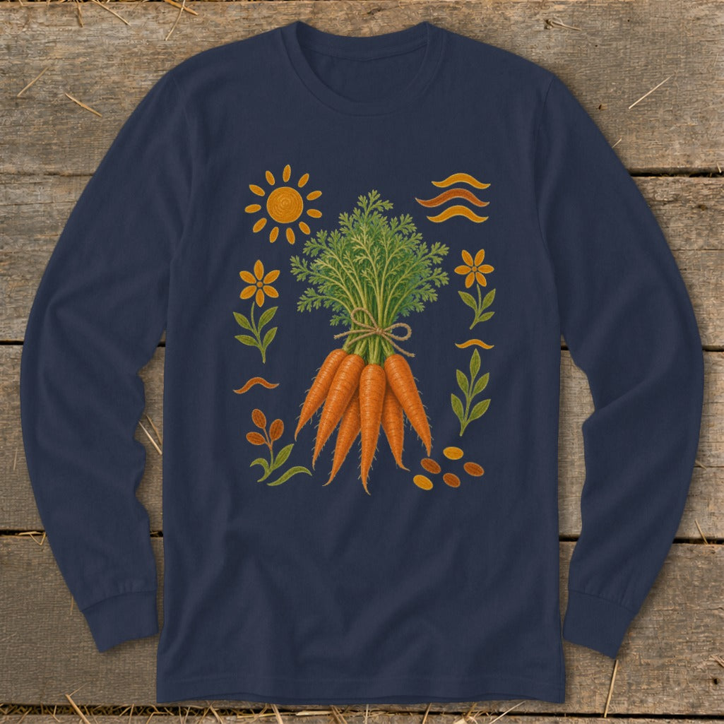 Navy long sleeve shirt with a watercolor illustration of carrots and gardening elements.