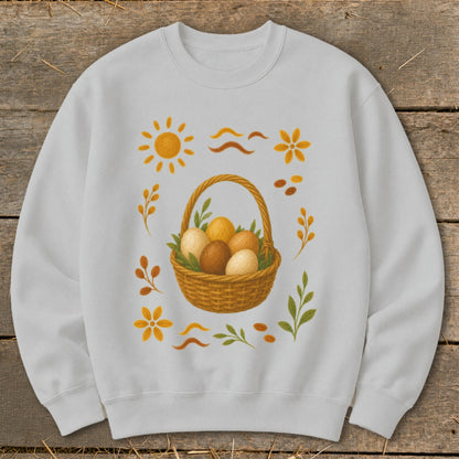 White sweatshirt with Easter basket, eggs, sun, and floral designs.