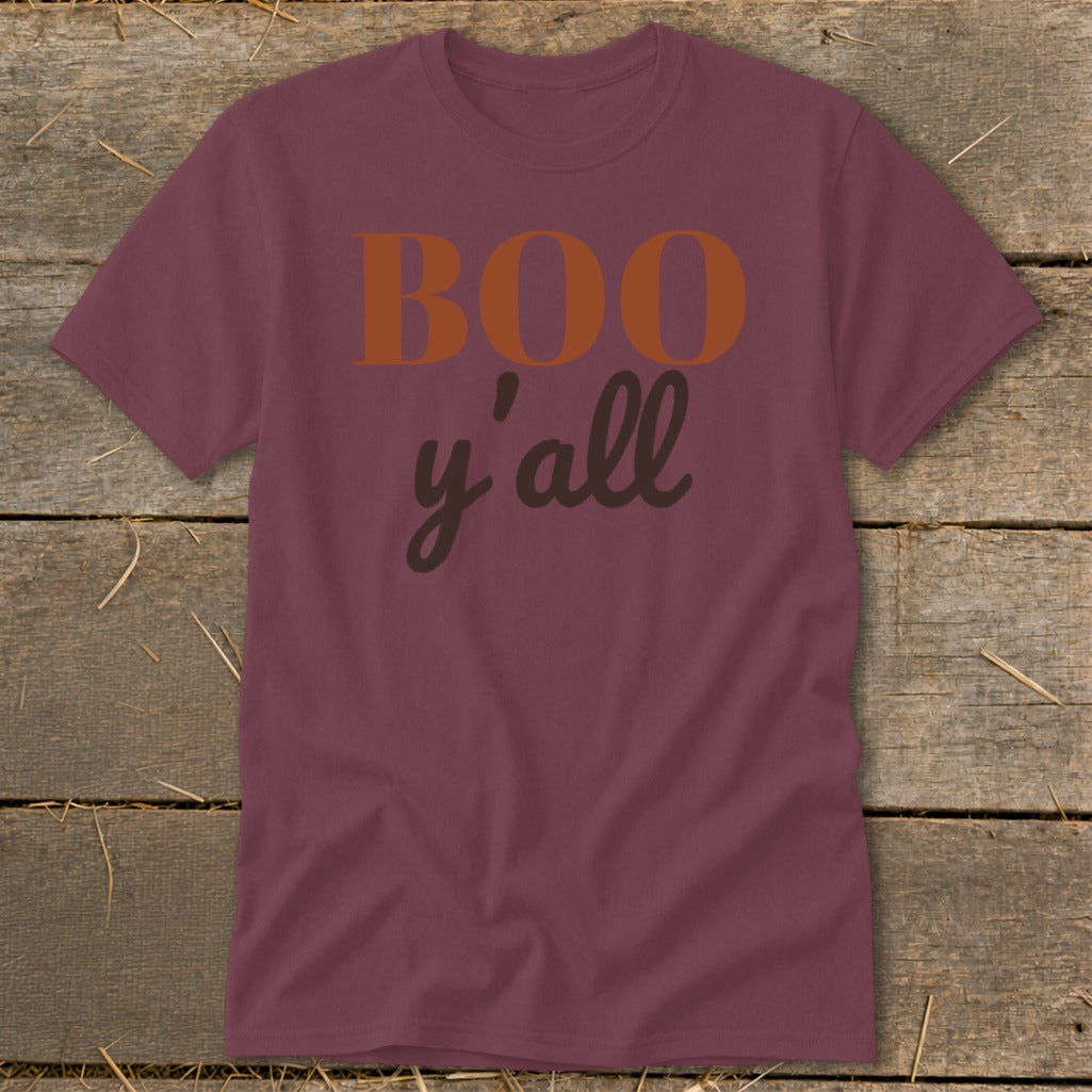 Maroon t-shirt with "BOO y'all" text in orange and brown.