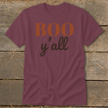 Maroon t-shirt with "BOO y'all" text in orange and brown.