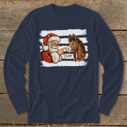 Santa booping a horse with bells on its collar, text "Boop".
