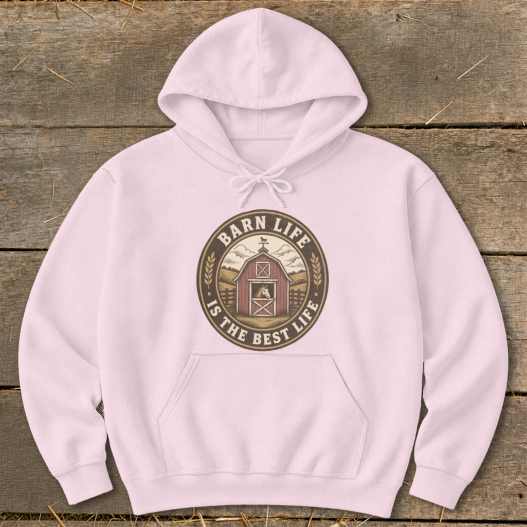 Pink hoodie with "Barn Life Is The Best Life" circular graphic featuring a barn and horse.