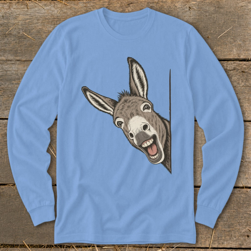 Cartoon donkey head peeking from behind a corner on a light blue long-sleeve shirt.