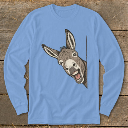 Cartoon donkey head peeking from behind a corner on a light blue long-sleeve shirt.