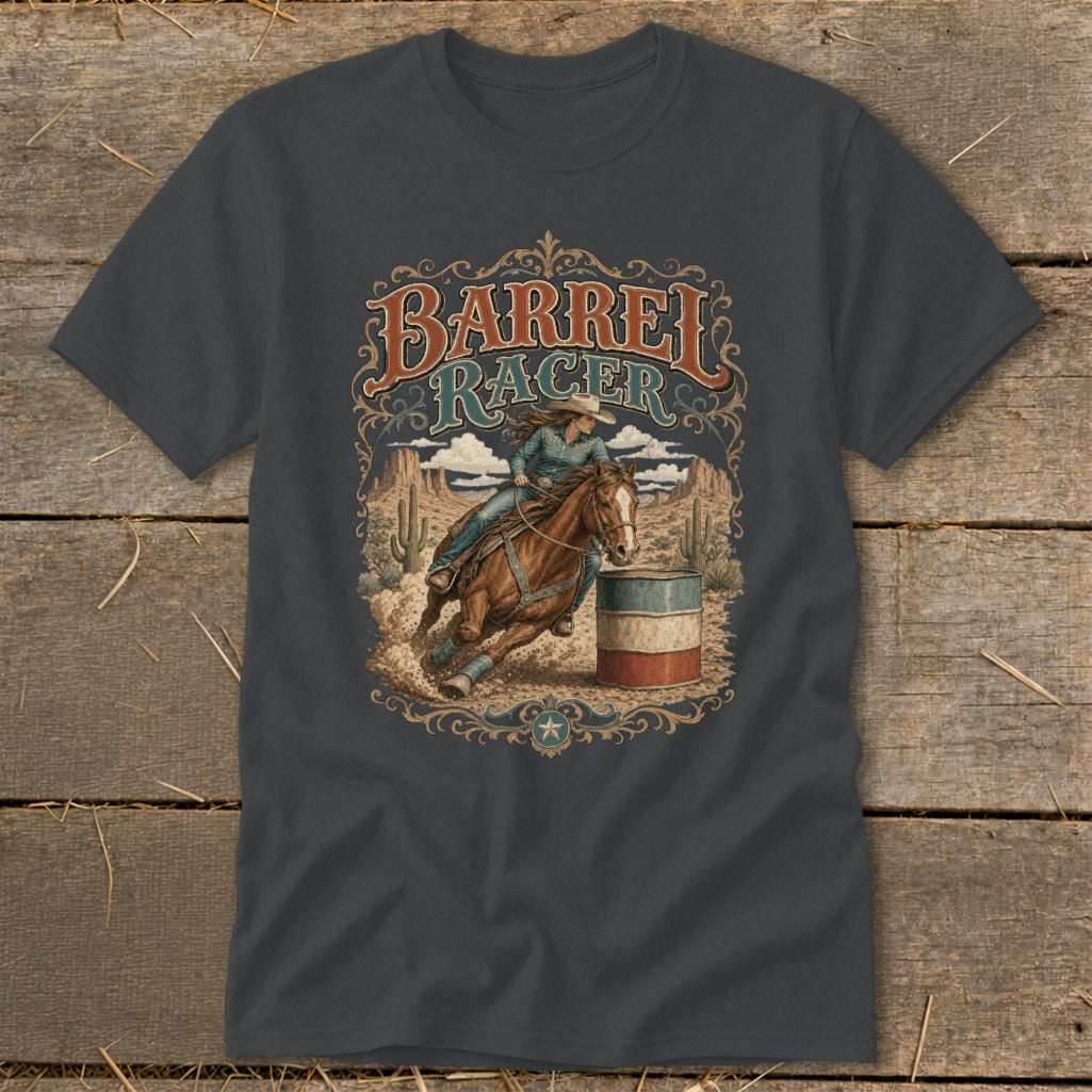Woman barrel racing on a horse with the text "Barrel Racer" above.