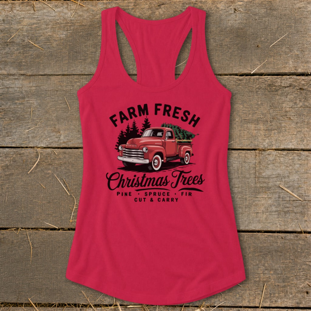 Red tank top with vintage truck graphic and "Farm Fresh Christmas Trees" text.