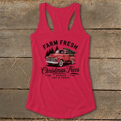 Red tank top with vintage truck graphic and "Farm Fresh Christmas Trees" text.