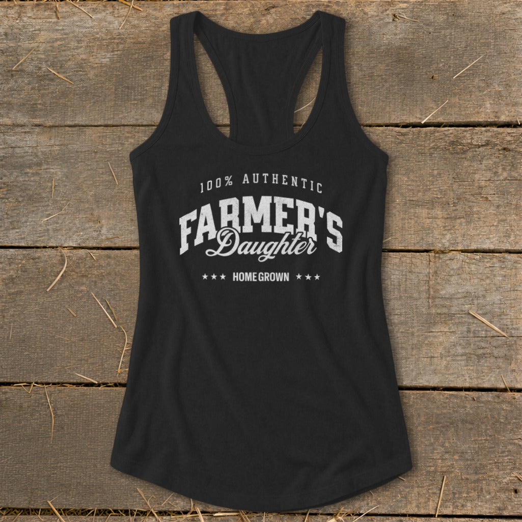 Black tank top with "100% Authentic Farmer's Daughter Home Grown" text.