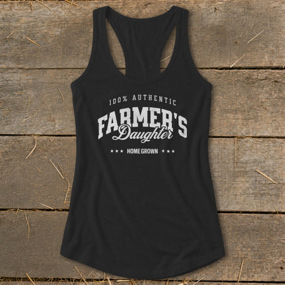 Black tank top with "100% Authentic Farmer's Daughter Home Grown" text.