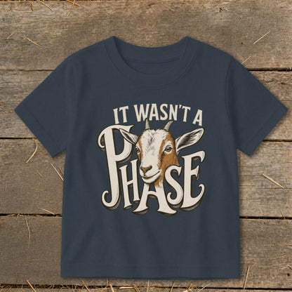 Navy t-shirt with a goat's head and "IT WASN'T A PHASE" text.