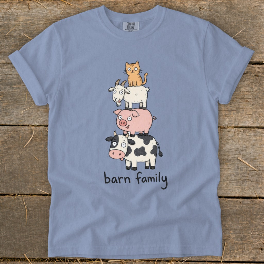 T-shirt with cartoon cow, pig, goat, and cat stacked with "barn family" text.