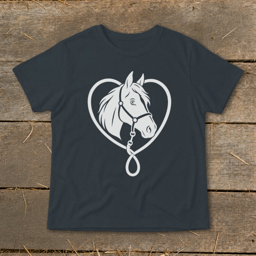 Dark gray short-sleeve t-shirt featuring a white graphic of a horse head framed by a heart-shaped rope.