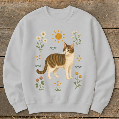 Light blue sweatshirt with a brown and white tabby cat surrounded by flowers and a sun.