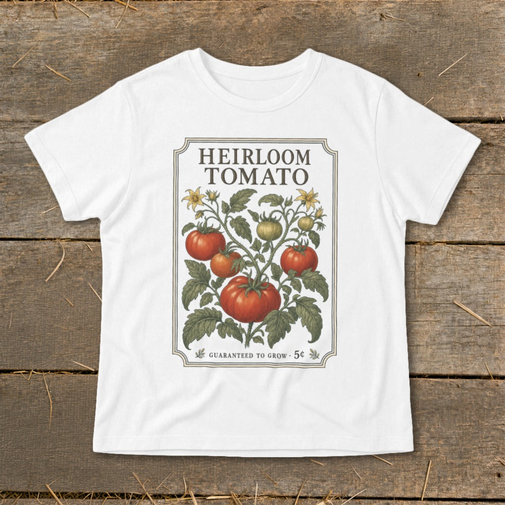 White t-shirt with "Heirloom Tomato" graphic of tomatoes and vine.