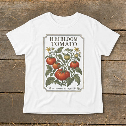 White t-shirt with "Heirloom Tomato" graphic of tomatoes and vine.