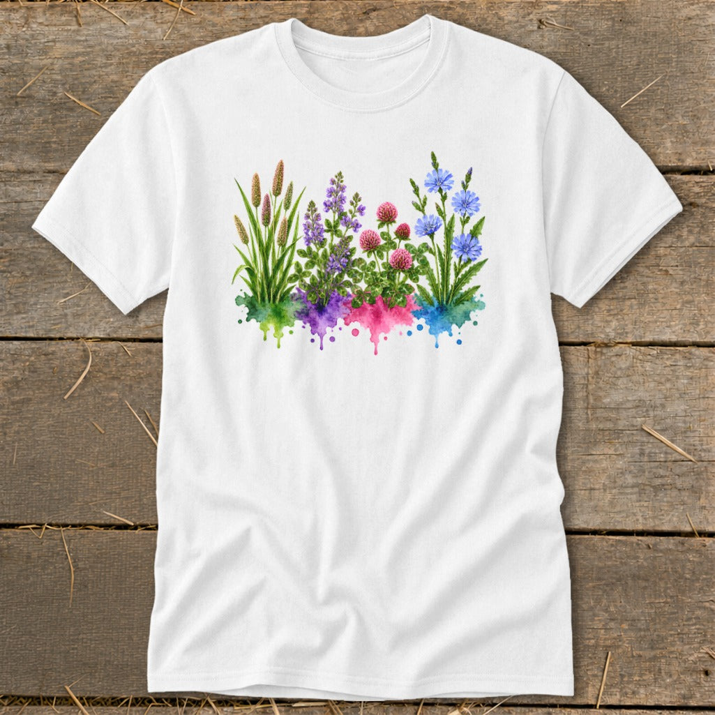 A white t-shirt featuring a watercolor botanical graphic of wildflowers and grasses with colorful paint splatters.