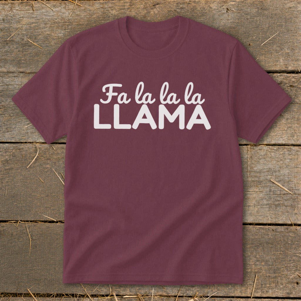 Maroon t-shirt with "Fa la la la la LLAMA" graphic in white text.